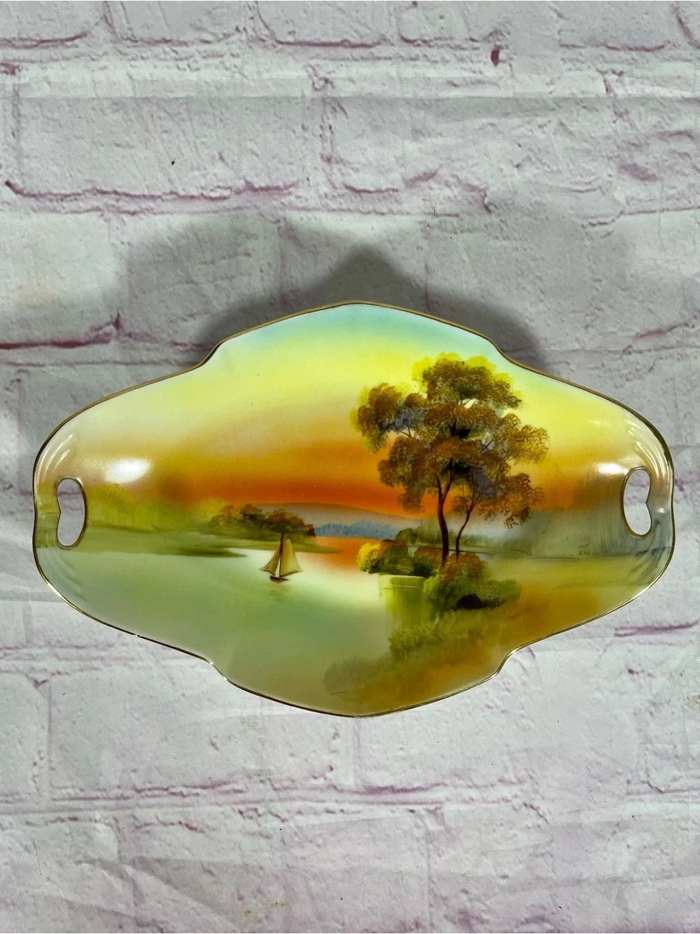 Vintage Noritake Hand Painted Sailboat On River Sunset Relish Dish Gold Trim
